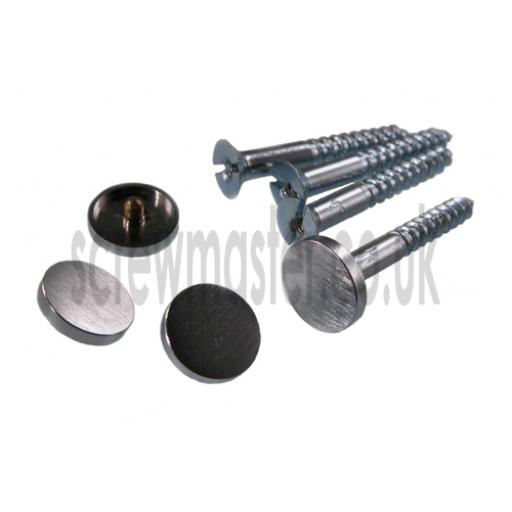 Pack of 4 Mirror Screws with Satin Chrome Disc screw in Cap 15mm diameter brushed stainless look